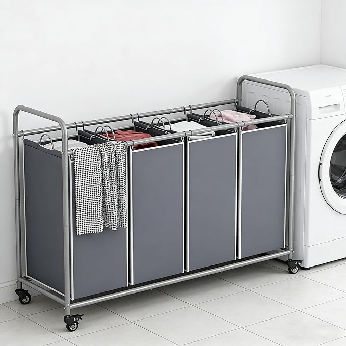Laundry Basket, 4-Bag Laundry Hamper, Grey Laundry Sorter with Heavy Duty Lockable Rolling Wheels, Laundry Room Organization with Removable Bags Basket Separator for Dirty Clothes Storage