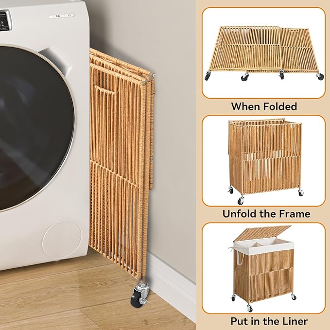 WOWLIVE Laundry Hamper with Wheels, Handwoven Rolling Laundry Basket with Lid, Clothes Hamper with Divided Removable Liner Bag, 115L Large Capacity Laundry Sorter Laundry Room Organization, Natural