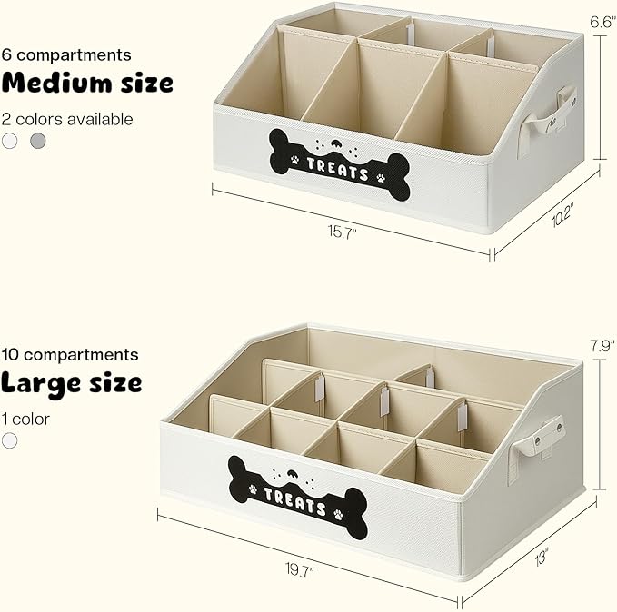 Dog Treat Container, Dogs Storage Organizer with Removable Dividers, Collapsible Dogs Treat Holder for Countertop, Trapezoid Pet Treats Containers, Dog Toy Basket with PU Handles, Large, Beige