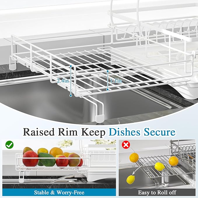 2 Tier Dish Drying Rack, Large Extendable Dish Racks for Kitchen Counter or Over Sink, Dishrack with Drainboard, 2-in-1 Anti-Rust Stainless Steel Dish Drainer with Utensil Holder & Cup Holder (white)