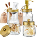 Amolliar Mason Jar Bathroom Accessories Set(4 Pcs) -Lotion Soap Dispenser & 2 Cotton Swab Holder & Toothbrush Holder-Rustic Farmhouse Decor, Countertop Vanity Organize, Bathroom Home Decor (Gold)