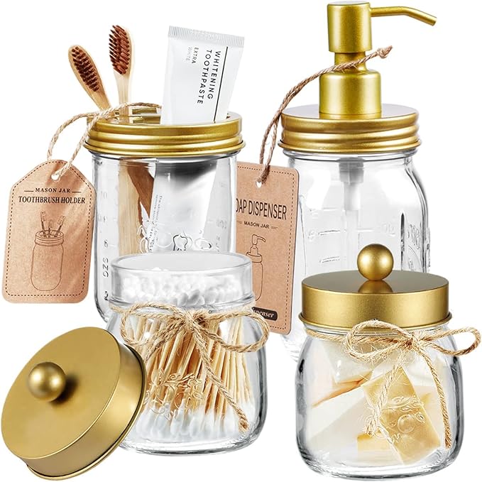 Amolliar Mason Jar Bathroom Accessories Set(4 Pcs) -Lotion Soap Dispenser & 2 Cotton Swab Holder & Toothbrush Holder-Rustic Farmhouse Decor, Countertop Vanity Organize, Bathroom Home Decor (Gold)
