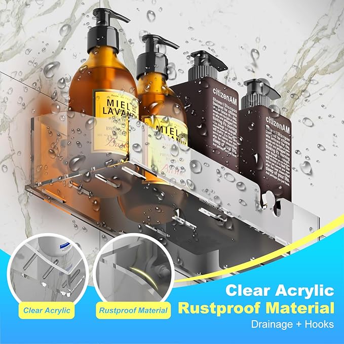 Acrylic Shower Shelves 3 Pack, Clear Adhesive Shower Organizer - No-Drill Wall Mount Storage Rack, Versatile Caddy for Bathroom & Kitchen (Transparent)