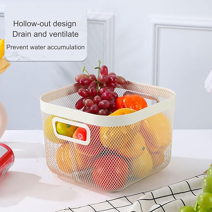Metal Mesh Steel Baskets, Household Wire Storage Organizer Bin Garden Harvest Basket Multi-functional Fruit Baskets with Handles for Kitchen Bathroom Picnic Shopping Decor Cabinet Home, Beige