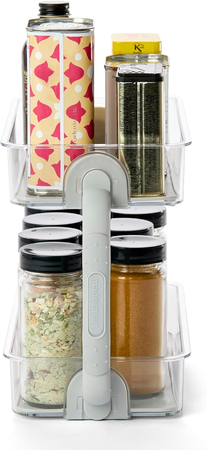 madesmart Tiered Spice Organizer, 8 Jars for Kitchen Essentials, Vertical Storage for Salt, Pepper, Cayenne, Soft-Grip Lining, Dual Handles, Grey