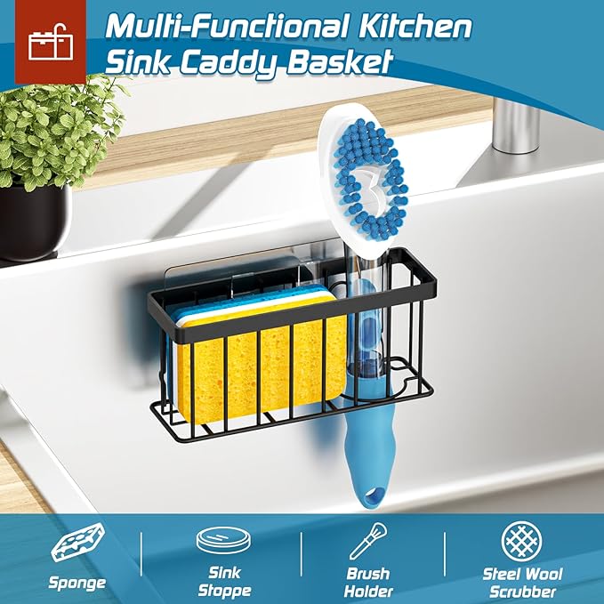 Sponge Holder for Kitchen Sink,Sink Caddy Organizer with Suction Cups/Adhesive Strips,Dish Sponge Holder Design for Sponges,Scrubber,Stoppers-Black