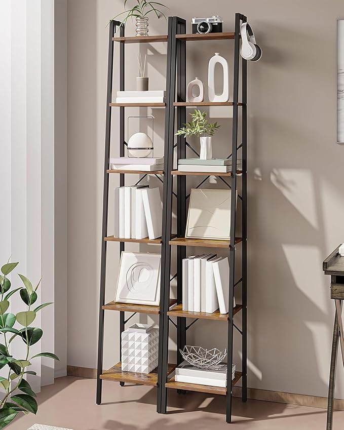 Ladder Shelf, Bookshelf Bookcase, Freestanding Corner Storage Shelve with 2 Hooks for Home Office, Living Room, Kitchen, Bedroom, Industrial, 11.8"D x 13.4"W x 72.8"H, Rustic Brown BC13301B