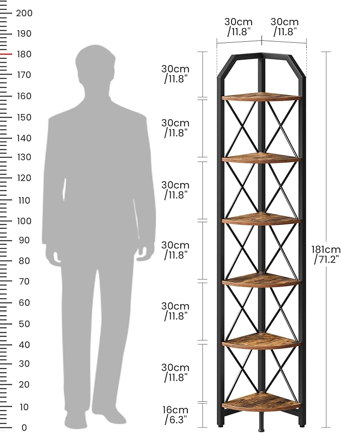 6-Tier Corner Shelf, Industrial Corner Bookshelf, 71.2" Corner Storage Stand, Plant Stand Display Shelf, Corner Bookcase for Bedroom, Living Room, Home Office, Rustic Brown and Black TCJ11BF