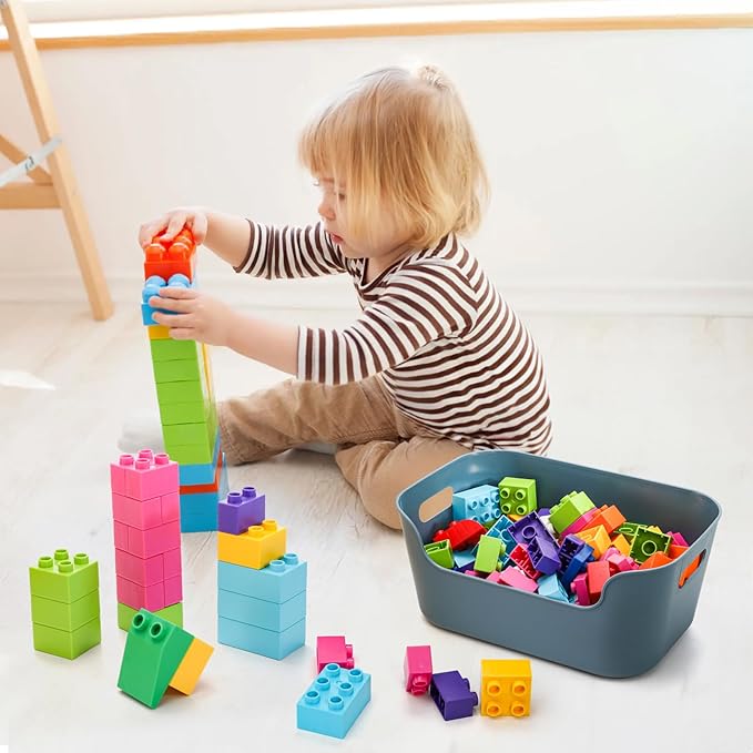 12 Pack Plastic Storage Bins and Baskets, Classroom Organizer Bins with Built-in Handle, Household Colorful Pantry Shelf Organization Container for Office Bedroom Countertop, 3 Sizes