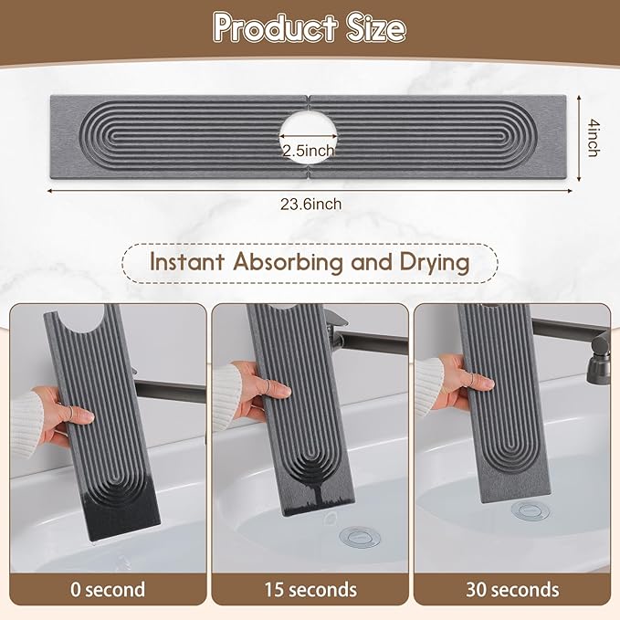 Faucet Mat for Kitchen Sink, Diatomite Quick Drying Tray , 15.8 Inch Kitchen Sink Splash Guard and Bathroom Stone Tray for Counter. Super Absorben.Deep Grey.