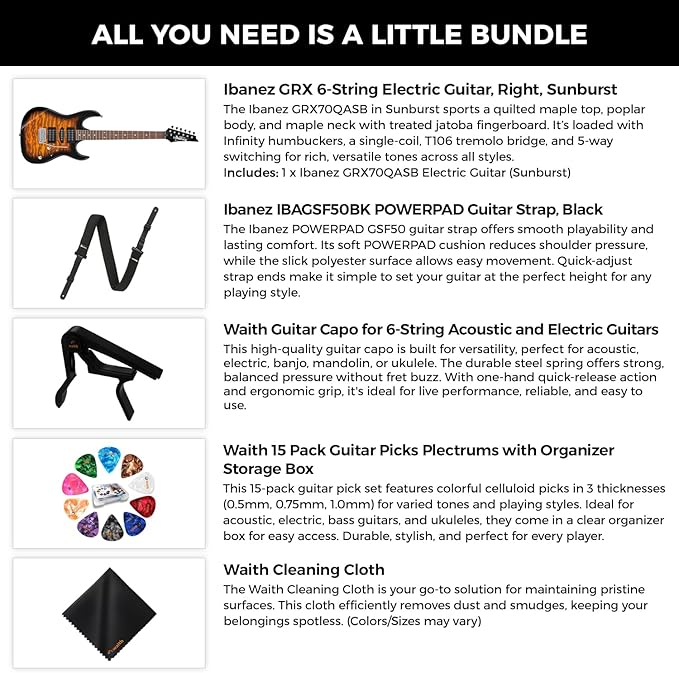 Ibanez 6-String Solid-Body Electric Guitar (Sunburst) - Right Handed Bass with GSF50 Powerpad Strap, String Capo, 15 Pack Guitar Picks with Storage Box & Microfiber Cleaning Cloth (Bundle Set)