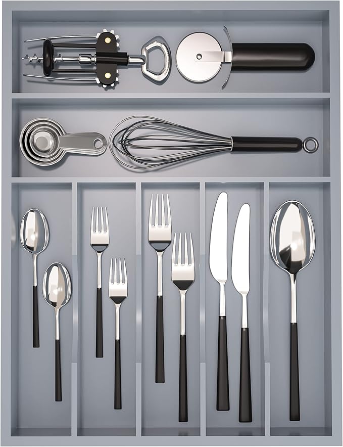 Utensil Organizer Silverware Drawer Organizer - 7 Slots Bamboo Utensil Tray Multifunctional Small Silverware Organizer for Kitchen Utensils, Garage Tools, Makeup Storage W13”x L17” (Grey)