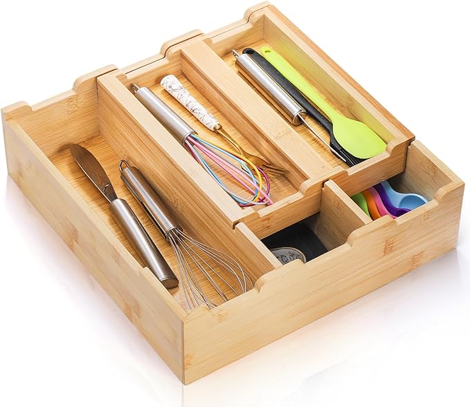 Okllen Bamboo Kitchen Drawer Organizer, Stackable 2-Tier Utensil Drawer Organizer Tray, Silverware Organizer Flatware Storage for Kitchen Cabinet, Pantry, Drawer, 5 Divided Compartments