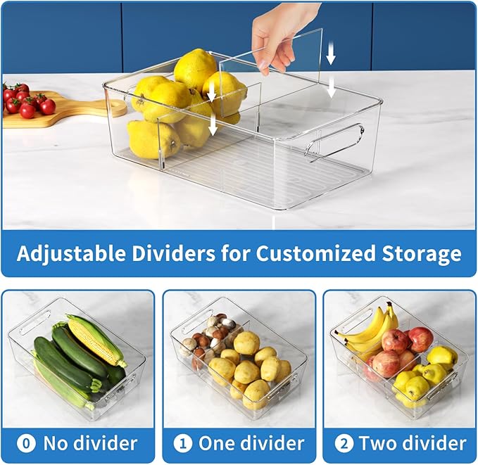Pantry Organizers and Storage, 8 Pack Snack Organizer for Pantry Shelf,Food Storage Bins with Divider,Clear Containers for Organizing,Transparent Plastic Basket,Refrigerator and Fridge Bins