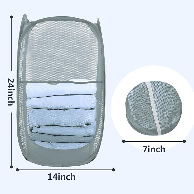 LXLOVESM Pop Up Laundry Hamper, Mesh Laundry Basket Collapsible, Foldable Hamper for Travel and Storage (Grey)