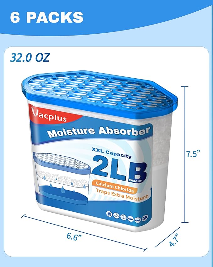Vacplus Moisture Absorber Buckets – Large Capacity Dehumidifier and Humidity Absorber for Closet, Basement, Bathroom, RV, and Storage Areas, Unscented, 2 lbs, 6 Pack