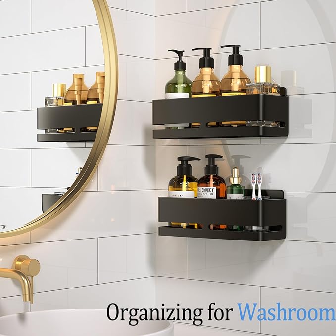YESENT Shower Caddy, 2-Pack Shower Shelf, Heavy-Duty Bathroom Storage Shelf, Large Capacity No-Drill Bathroom Organizer, Black Metal Storage Basket, Adhesive Installation
