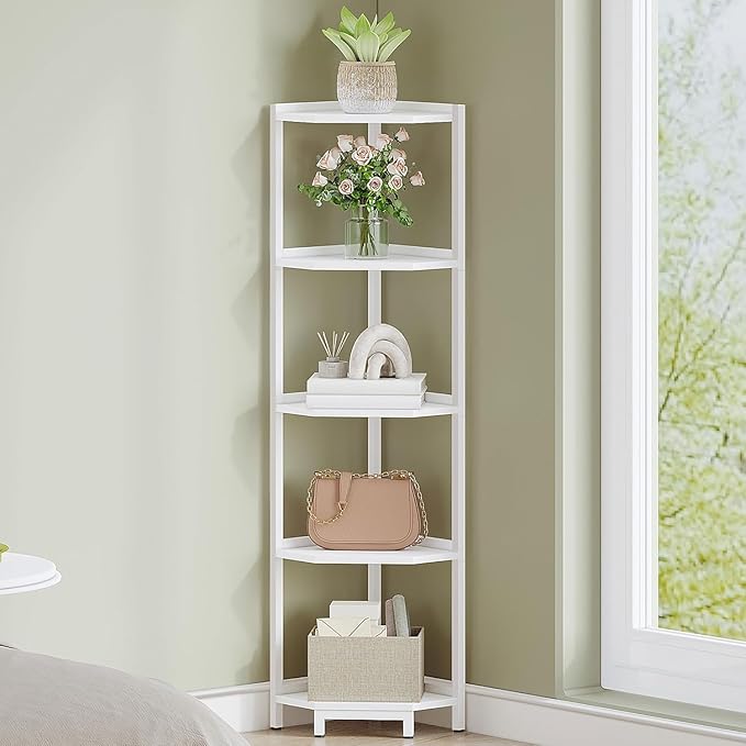 Corner Shelf Stand, Corner Bookshelf, Storage Standing Shelf Unit with Metal Frame, Plant Stand, Bookcase for Living Room, Home Office, Bedroom, 5-Tier White CS05913W