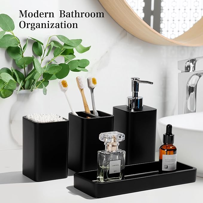 Bathroom Accessories Set, 4 Pcs Bathroom Accessory Set, Soap Dispenser, Toothbrush Holder, Qtip Holder Set, Bathroom Sets Complete, Bathroom Sink Set for Modern Home Decor, Black