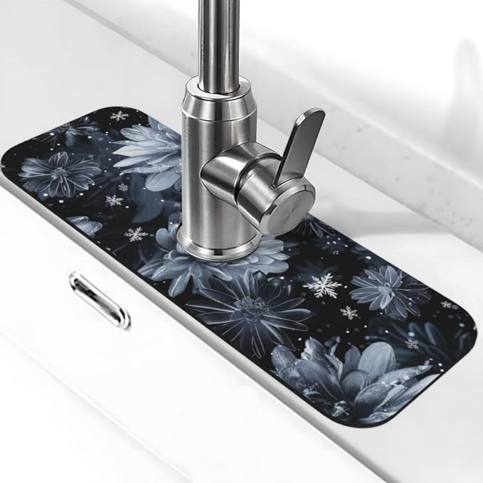 Faucet Draining Mat For Kitchen Sink, Stylized Gray Chrysanthemum Flowers Diatom Mud Absorbent Drain Pad For Bathroom Kitchen Sink Splash Guard Drying Mat