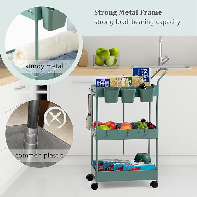 danpinera Storage Cart on Wheels, 3 Tier Bathroom Cart Organizer Slim Laundry Narrow Shelf with Wheels Dividers Hanging Cups Hooks Handle Easy Assembly, Green