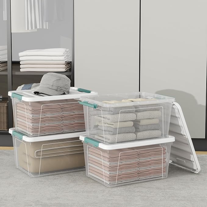 Tyminin 35 Quart Plastic Stackable Storage Container Tote with Secure Latching Lid for Home and Office Organization, Clear Box with White Lid (Pack of 6)