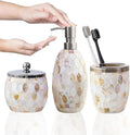 Escenzy Natural Shell Bathroom Accessories Sets 3 Pcs | Luxurious Glass Soap Dispenser, Toothbrush Holder, Cotton Jar | Modern Decor Bling Mosaic Glass Decorative Bathroom Accessories