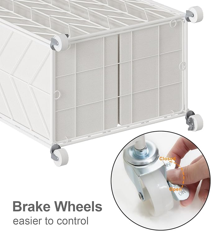WOWLIVE Laundry Basket with Wheels, Heavy Duty Laundry Hamper with Wood Lid, Clothes Hamper with Divided Removable Liner Bag, Large Capacity Iron-Made Laundry Sorter Laundry Room Organization (White)