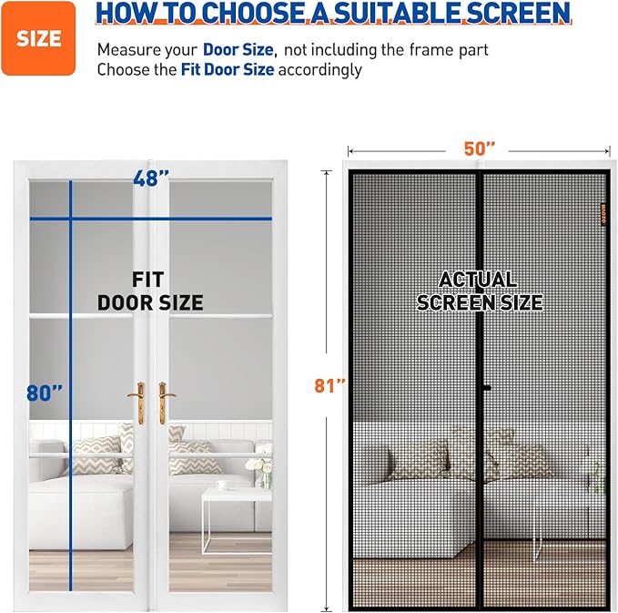 MAGZO Magnetic Screen Door Fit Door Size 48 x 80 Inch, Screen Size 50" x 81" Strong Magnet Mesh with Reinforced Hook & Loop for French, Sliding and Patio Entrances, Black