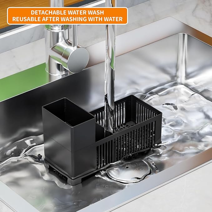 Rustproof Kitchen Sink Organizer for Countertop,Multifunctional Sink Organizer Caddy & Organization,Scrub Brush and Sponge Holder,Plastic Sink Storage Rack,Sponge Drain Rack,Dish Soap Dispenser,Black