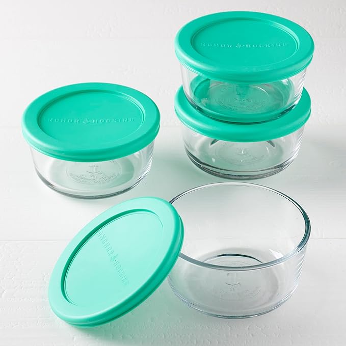 Anchor Hocking 2 Cup Glass Storage Containers with Lids, Set of 4 Glass Food Storage Containers with Mint SnugFit Lids (Pack of 2)