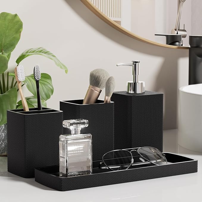 Resin Black Bathroom Sets, Black Bathroom Accessories Set with Shower Curtain, Bath Towel Set, Natural Loofah Sponge, Soap Dispenser, Toothbrush Holder, Bathroom Tumbler and Tray for Countertop