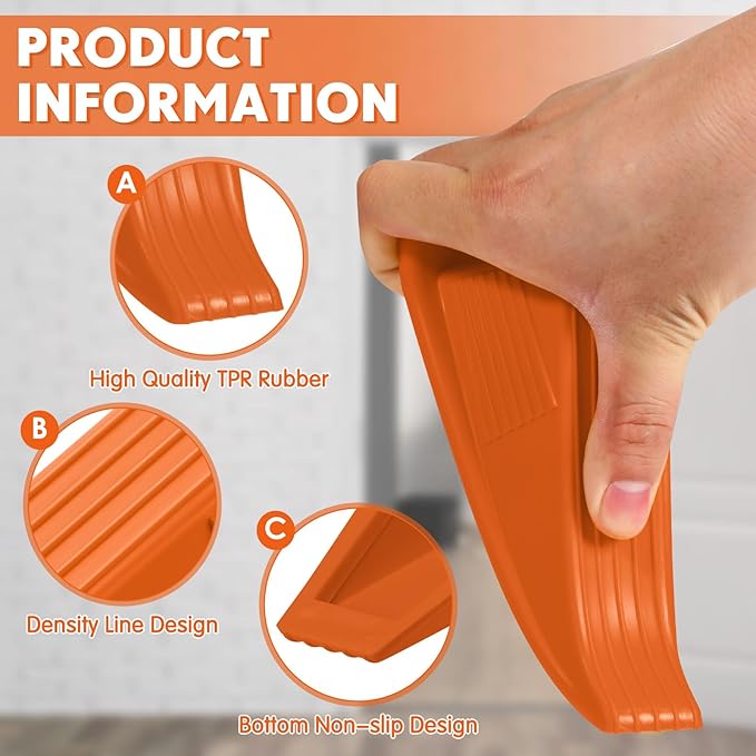 Frienda 4 Pcs Jumbo Door Stoppers Heavy Duty Door Stopper Tall up to 2inch Tall Wedge TPR Large Wedge Stackable Big Rubber Doorstop for Hotel Carpet Hardwood Concrete and Tile (Orange)