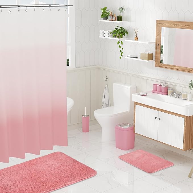 Bathroom Accessory Set–Bathroom Sets with Shower Curtain and Rugs, Non Slip Bathroom Rugs Super Absorbent, Pink Ombre Waterproof Shower Curtain with Hooks, Pink Bathroom Sets Complete for Home