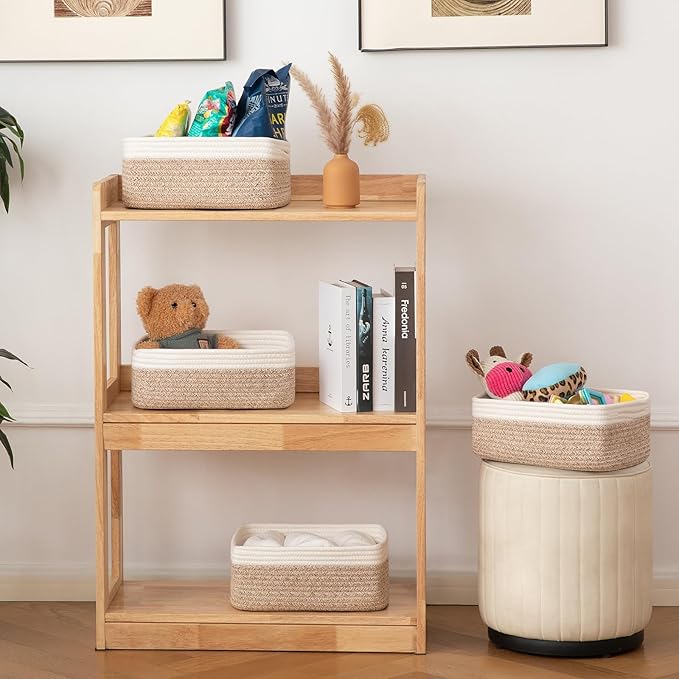 OIAHOMY 4 Pack Storage Baskets for Organizing, Small Bins for Shelves, Cute Decorative Storage Bins, Organizer Baskets for Gifts Empty, 14.2''Lx11''Wx6.3''H, Brown/White