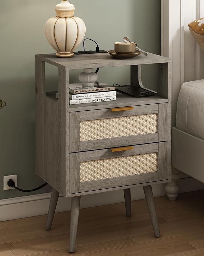 Veegle Rattan Nightstand with Charging Station,Modern Bedside Table with 2 Storage Drawer and Open Wood Shelf, for Bedroom and Small Spaces,Night Stand with Solid Wood Legs (Grey Oak)