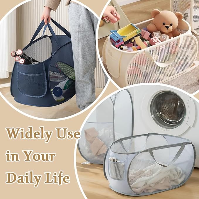4Pcs Pop Up Laundry Hamper, FHDUSRYO Mesh Foldable Hamper with 4 Wash Bags, Collapsible Laundry Basket with Side Pocket Carry Handles, Portable Dirty Clothes Basket, Mesh Hamper for Dorm Bedroom