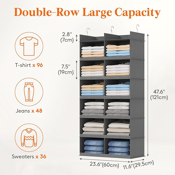 Lifewit Dual-Row 6 Tier Hanging Closet Organizer and Storage, Wide Clothes Storage Shelves with 3 Sturdy Hooks for Clothing Organization, Large Foldable Sweater Shelf for Bedroom, 12 Sections, Grey