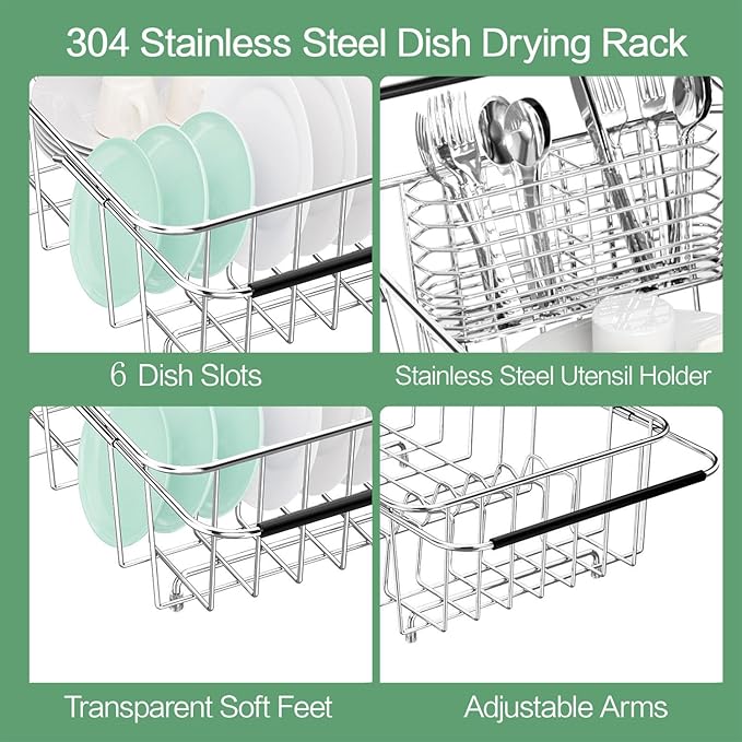 Small Dish Drainer Rack in Sink Adjustable, Expandable Stainless Steel Metal Dish Drying Rack Organizer with Stainless Steel Utensil Holder Over Inside Sink Counter, Rustproof(for 1-2 People)