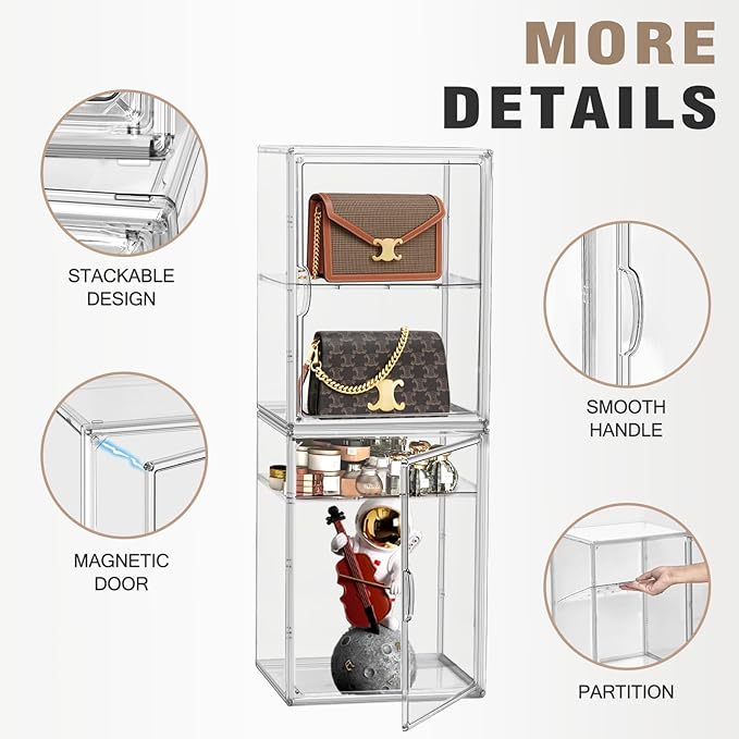 2 Pcs Shoe Display Case, XX-Large 15.3'' Tall Boot Storage Box Transparent Handbag Organizer for Closet Acrylic Shoe Box Clear Plastic Stackable Sneaker Collectibles Case with Detachable Divider
