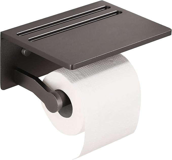 Homely Trove Toilet Paper Holder with Phone Shelf – Tissue Roll Holder Bathroom Storage Dispenser - Adhesive Toilet Paper Holder Wall Mount Bathroom Décor - Matte Gray
