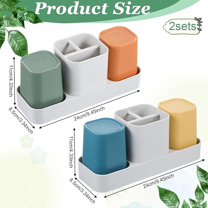 2 Set of Toothbrush Holder for Bathroom, Bathroom Organizer Storage Set with 2 Cups, Electric Toothbrush Toothpaste Holder and Bathroom Accessories Storage, Orange + Green and Blue + Yellow