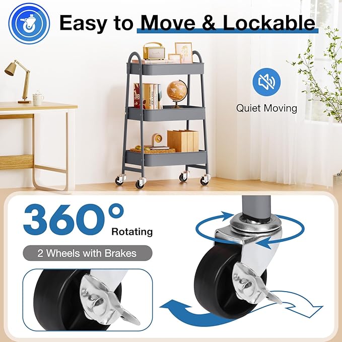 OLIXIS 3 Tier Utility Rolling Cart, Metal Mobile Storage Shelf with Lockable Caster Wheels, Organization for Livingroom, Bathroom & Narrow Places, Gray