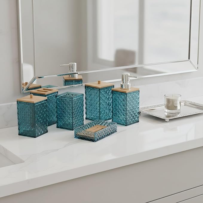Bathroom Accessory Set,6 Pcs Dark Green Bathroom Set Include Soap Dispenser, Qtip Holder Dispenser, Soap Dish, Toothbrush Holder & Mouthwash Cup.Boho Bathroom Set