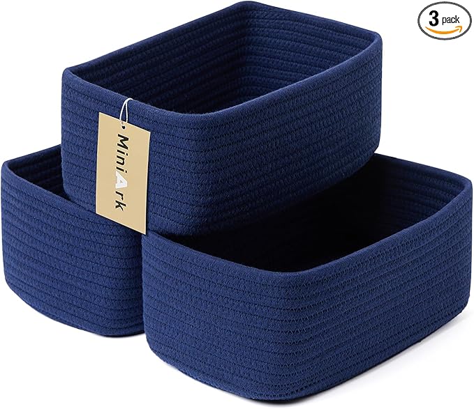 Small Storage Baskets for Organizing | Closet Organizer Bins | Shelf Toy Basket | Woven Rope Baskets | Cube Decorative Box | Shallow Basket | 11.5x7.5x4.7” | 3 Packs Navy Blue