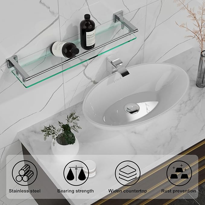 SFGSOWOR Glass Shelf for Bathroom Wall Sheves 24 inches Rectangular Stainless Steel Tempered Glass Modern Wall Mount Accessories Organizers Storage (Chrome Polished, 24‘’)