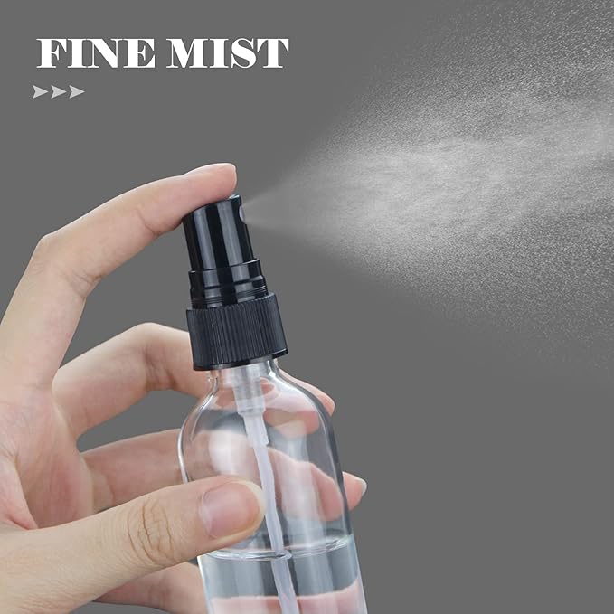 Wedama 2 oz Mini Glass Spray Bottles, Empty Small Spray Bottles with Funnel Dropper, Fine Mist for Hair, Travel, Plants, Cleaning Solutions and Skin Care (4 Pack Clear)