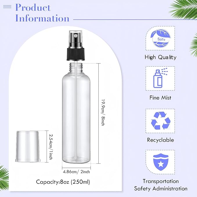 Eccliy 32 Pcs 8 oz Spray Bottles Fine Mist Plastic Spray Bottles Clear Empty Sprayer Hairs Refillable Travel Sprayer with Pump Cap for Cleaning Oils Travel Perfumes(Black,Clear)