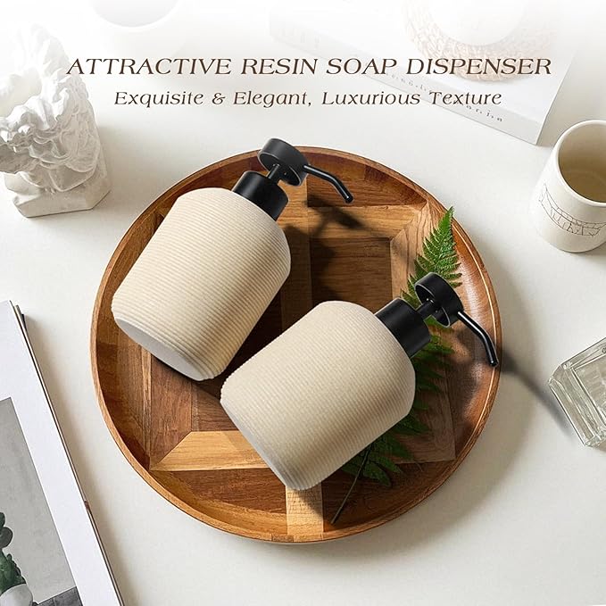 Hand Soap Dispenser, Beige Soap Dispenser for Bathroom 2 Pack, 12 Fl Oz Resin Soap and Lotion Dispensers Set with Plastic Pump, Boho Refillable Liquid Dish Soap Dispensers Bottle