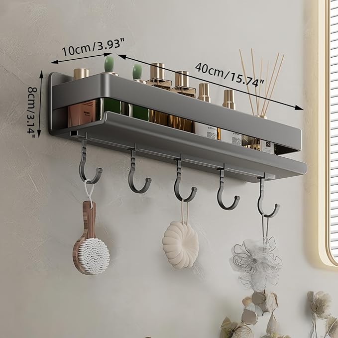Carbon Steel Wall Mounted Spice Rack with Hooks, 15.75" D x 3.94" W x 3.15" H Adhesive No-Drill Spice Organizer, Dark Gray Kitchen & Bathroom Storage Shelf for Countertop Cabinet Wall